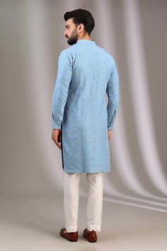 Blue kurta with zari thread embroidered lotus patterns. Comes with pant. - Aza Fashions Blue Long Sleeve Kurta With Gota Work, Blue Sherwani With Gota Work, Designer Blue Sherwani With Gota Work, Blue Bollywood Sherwani With Gota Work, Blue Sherwani With Gota Work For Eid, Blue Sherwani With Gota Work For Festivals, Festive Blue Sherwani With Gota Work, Blue Cotton Salwar Kameez With Dori Work, Blue Sherwani With Dori Work For Diwali