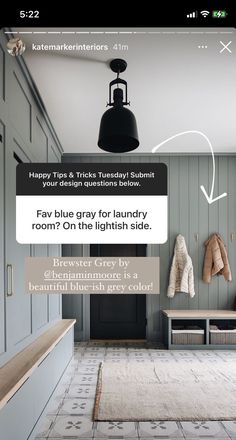 an image of a laundry room with blue gray walls and white flooring on the right side