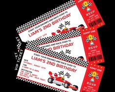 three race car birthday party tickets with the number two on them and an image of a person driving a racing car