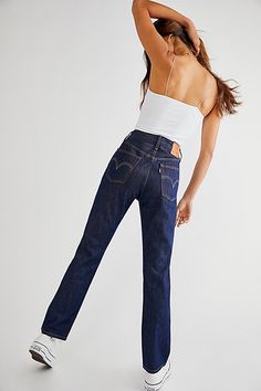 Super cool distressed jeans from Levi's featured in a mid-rise, straight leg silhouette. * Five-pocket style* Button-front closure* Soft rigid denim fabrication 501 Levis Women, Levis Women Outfits, Levis 501 Cropped Jeans, Straight Jeans Outfit, Levis Straight Leg Jeans, Levis Outfit, Levi 501s, Jeans Free People, Xmas List