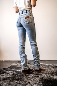 WranglerxAutumn Distressed Bootcut Women's Jeans High Rise 10 1/4" Bootcut 17" Slim Fit 99% Cotton/ 1% Spandex Ffa Outfits, Women In Construction, Bootcut Jeans Women, Western Boots For Men, Western Boutique, Jumpsuit Jacket, Jeans Women, Country Outfits, Western Outfits