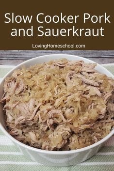 slow cooker pork and sauerkraut in a bowl with text overlay