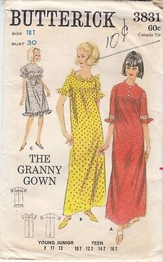 Granny Dress, Nightgown Dress, Sleeve Variations, Women's Sewing Pattern, Gown Pattern, Butterick Sewing Pattern, Sewing Pattern Sizes, 1960s Fashion, Dresses For Teens