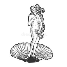 a black and white drawing of a woman standing on top of a shell