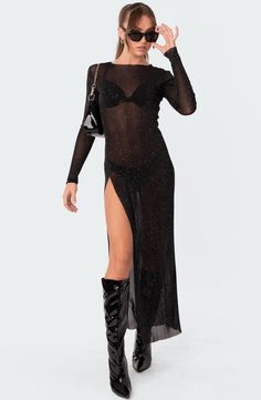 EDIKTED Glitter Mesh Slit Maxi Dress | Nordstrom Maxi Design, Street Y2k, Long Party Dress, Night Out Party, Leg Split, Y2k Punk, Swimwear Dress, Sleeve Maxi Dress, Long Sleeve Maxi