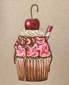 a drawing of a cupcake with a cherry on top