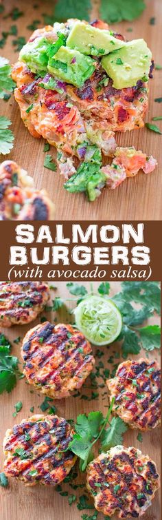 salmon burgers with avocado salsa and cilantro on a cutting board