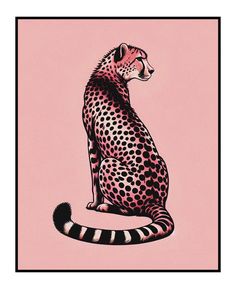 a drawing of a cheetah sitting on top of a pink background with black and white stripes