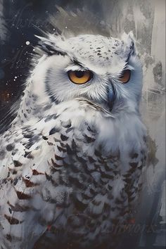 an owl with yellow eyes is shown in this painting