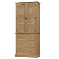 a tall wooden cabinet with drawers