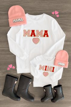 Mom & Me - Mama & Mini White Chenille Patch Top - Sparkle in Pink Embroidered White Tops For Mother's Day, Family Matching Pink Tops For Fall, White Tops With Embroidered Graphics For Mother's Day, White Embroidered Tops For Mother's Day, White Tops With Letter Embroidery For Mother's Day, Customizable Pink Tops For Fall, Chenille Patch Ideas, Iron On Patches Sweatshirt Ideas, Iron On Patch Ideas Clothes