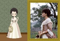 an animated image of a woman dressed in period dress and holding a purse, next to a photo of the same character