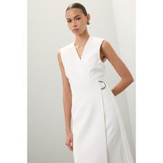 White (100% polyester). Casual Dress. V-Neck. Sleeveless. Tie closure. 48" from shoulder to hemline. Imported.¬† Elegant Sleeveless Dress With Asymmetrical Neckline For Work, Elegant Sleeveless Dress With Asymmetrical Neckline For Spring, Chic Asymmetrical Neckline Maxi Dress For Work, Chic Sleeveless Dress With Asymmetrical Neckline For Formal Events, Chic Maxi Dress With Asymmetrical Neckline For Work, Chic Sleeveless Maxi Dress For Work, Spring Office Sleeveless Dress, Spring Workwear Dress With Asymmetrical Neckline, Spring Sleeveless V-neck Formal Dress