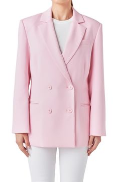 Upgrade your blazer game with this boxy double-breasted style framed by polished notched lapels. Notched lapels Lined 97% polyester, 3% spandex Hand wash, dry flat Imported Pink Blazer With Notch Lapel And Hidden Buttons, Pink Notch Lapel Blazer With Hidden Button Closure, Classic Pink Blazer With Double Button Closure, Pink Double-breasted Blazer With Lapel Collar, Pink Notch Lapel Blazer With Double Button, Pink Double-breasted Business Blazer, Pink Double-breasted Blazer For Business, Chic Pink Blazer For Business, Pink Double-breasted Blazer For Work