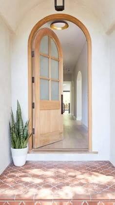 an arched wooden door is open to a hallway with a potted plant on the floor