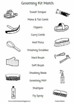 the grooming kit match is shown in this black and white poster, which includes various items