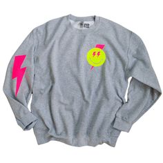 Smiley Face Lightning Bolt Crewneck Sweatshirt. Neon Pink Lightning Bolt, Smiley Face Clothing, Oversized Sweatshirt Outfit, Pink Lightning Bolt, Blitz Design, Neon Sweater, Pink Lightning, Sweat Vintage, Neon Rose