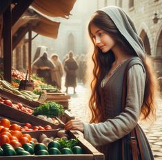 a woman standing in front of a display of vegetables