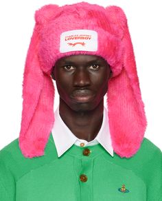 Shag-knit nylon beanie in pink. Ear appliqués, raised seams, and loose thread detailing at crown. · Logo patch at rolled brim · Concealed logo disc at back face Supplier color: Pink Rabbit Beanie, Charles Jeffrey Loverboy, Charles Jeffrey, Boys Beanie, Crown Logo, Cute Hats, Drop Shipping, Beanie Hats, Patch Logo