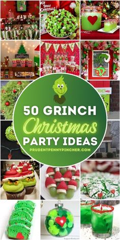 christmas party ideas with green and red decorations, cupcakes, cookies, candy