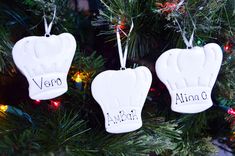 three ornaments hanging from a christmas tree with lights in the background and words written on them