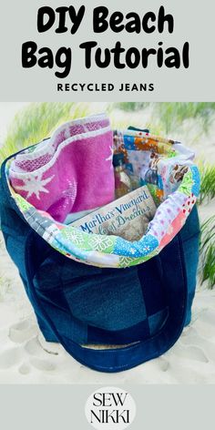 the diy beach bag is made with recycled jeans and has an easy to sew pattern