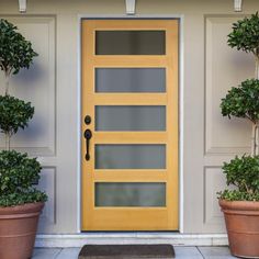 two potted plants on either side of a yellow door with glass panels and handles