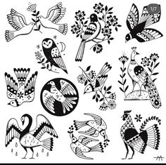 black and white drawings of birds with flowers