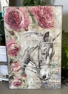 a painting of a horse with roses on it's face and in the background is a potted plant