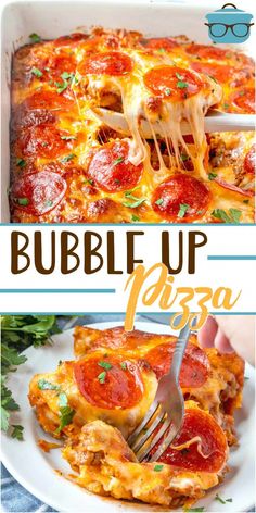 the cover of bubble up pizza, with a fork in it and an image of a slice