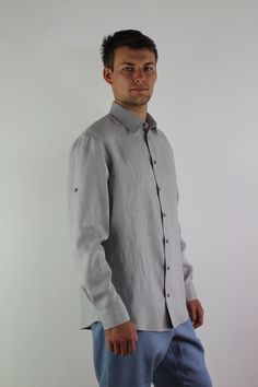 Linen man comfortable shirt, Formal shirt men, regular fitted light grey linen shirt, Long sleeve shirt Details: - 100% natural linen produced in Europe ; - medium weight (180 gram per square meter); - color: light grey, could be any from our colors catalog (color samples at the photo); Made to order, approximately a few days, If you have any questions please message me and I will be glad to answer. Modern Linen Shirt With Spread Collar, Modern Linen Button-up Shirt, Modern Long Sleeve Linen Shirt, Linen Apron Pinafore, Color Catalog, Linen Men, Summer Linen Dresses, Formal Shirt, Linen Shirt Men