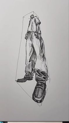 a black and white drawing of a person standing in front of a mirror with their legs crossed