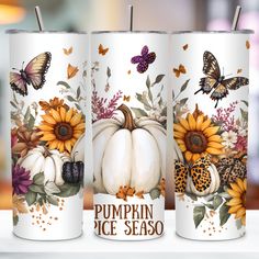 three pumpkins and sunflowers with butterflies on them are painted in different colors