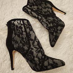 Ny&Co New Lace With Vegan Faux Suede Back Stiletto Heeled Boots Pointed Toe Over Ankle Shin Height Boots Zipper Back Tried On And Just Stored Never Worn Out Of The House No Box No Flaws Elegant Party Booties With 4-inch Heel, Party Ankle Booties With 4-inch Heel, Black Booties With 4-inch Heel For Party, Black Party Booties With 4-inch Heel, Party Ankle Boots With 4-inch Heel, Elegant Fitted Booties With 4-inch Heel, 4-inch Heel Lace-up Party Boots, Elegant Fitted Booties With Closed Toe, Party Lace-up Heeled Boots With 4-inch Heel