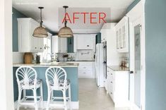 an image of a kitchen that has been painted blue and white with the words before