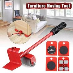 the furniture mover tool is red and has four different attachments to help it move