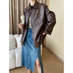 Shirt-Style Brown Leather Jacket Material: PU Size: M, L Color: Brown Applicable Scene: Leisure, Daily, Vacation Dark Brown Leather Jacket Outfit, Brown Leather Jacket Outfit, Button Down Outfit, Dark Brown Leather Jacket, Leather Jacket Dress, Dream Outfits, Leather Jacket Outfits, Leather Shirt, Brown Leather Jacket