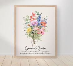 a bouquet of flowers is displayed in a wooden frame