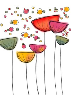 four colorful flowers with bubbles coming out of them