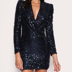 Amazing Navy Blue Sequined French Connection Dress Blue V-neck Mini Dress For Gala, Blue Embellished Midi Dress For Party, Blue Embellished V-neck Mini Dress, Long Sleeve Sequin Dress For Spring Gala, Blue Embellished Midi Cocktail Dress, Blue Embellished Midi Dress For Cocktail, Blue V-neck Sequin Dress For Formal Occasions, Blue Embellished Mini Dress For Gala, Blue Long Sleeve Sequin Mini Dress