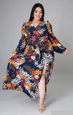 Stretch maxi dress V- neckline, Open Long sleeve Tie-waist Thigh Slit Model is wearing a size 2X Dress Casual Plus Size, Maxi Dress Casual, Maxi Outfits, Maxi Dress Outfit, Goddess Dress, Summer Dress Outfits, Plus Size Maxi Dresses, Curvy Girl Fashion, Style Maxi Dress