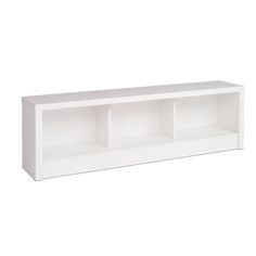 a white shelf with three shelves on each side and two doors open to the other side