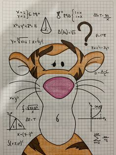 a drawing of a cartoon tiger has been drawn with graph paper and colored pencils