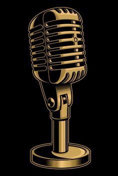 an old fashioned microphone on a stand in gold color illustration, isolated against a black background