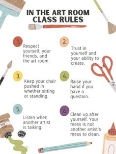 the art room class rules are shown in this poster