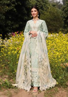 Brand: KAHFProduct Code: KFL-01 TABIRCollection: Kahf Festive Lawn Unstitched Spring Summer CollectionFabric: Lawn DESIGN DETAILS: Embroidered Lawn Front Panel 01-Piece Embroidered Lawn Back 0.76-Meter Embroidered Lawn Sleeves 0.65-Meter Solid Dyed Lawn Front Side Panel 0.25-Meter Embroidered Organza Sleeves Motifs 01-Pair Embroidered Organza Sleeves Border 01-Meter Embroidered Organza Front Daman Border 0.8-Meter Embroidered Organza Dupatta Pallu Border 2.25-Meters Digital Printed & Embroidered Cotton Net Patched Dupatta 2.5-Meters Solid Dyed Cambric Trouser 2.5-Meters DISCLAIMER:* Lining, Laces, and Tassels are not included in unstitched variants.* Embellishment items in stitched outfits are subject to market availability.* The actual colors of the outfit may vary from the colors being d Lawn Design, Pakistani Suits Online, Organza Sleeves, Embroidered Organza, Luxury Wear, Lawn Fabric, Lawn Shirts, Pakistani Wedding Dresses, Organza Dupatta