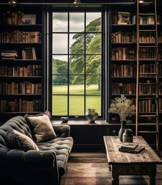 a living room with bookshelves and a couch in front of a large window