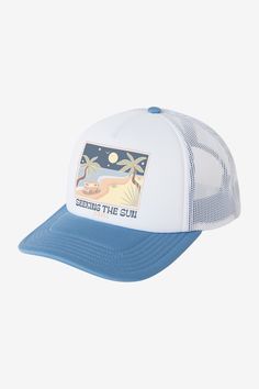 a white and blue trucker hat with an image of a beach scene on it