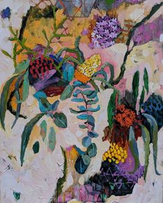 an abstract painting of flowers and leaves