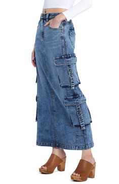 Take a bit of outdoor attitude on your city adventures in this faded-denim maxi with four roomy cargo pockets to stylishly stash your day's essentials. 38" length Zip fly with button closure Front scoop pockets; back snap-flap patch pockets; cargo flap-bellows pockets 95% cotton, 4% polyester, 1% spandex Machine wash, tumble dry Imported High Waist Denim Cargo Skirt, Denim Cargo Utility Skirt, Utility Style Medium Wash Denim Skirt, Utility Denim Blue Skirt With Pockets, Denim Cargo Skirt With Utility Style, Utility Style High Rise Denim Skirt, High Rise Denim Blue Utility Skirt, Utility Denim Skirt With Side Pockets, Casual Denim Cargo Skirt In Dark Wash